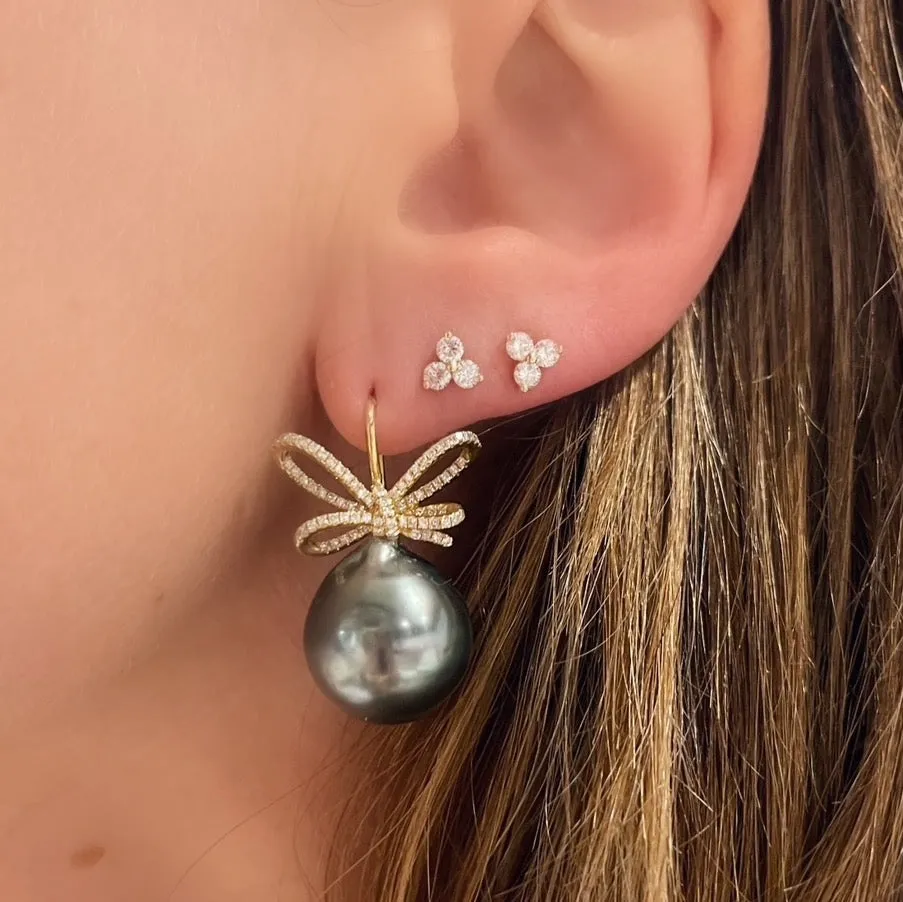 Diamond Bow Earrings with Tahitian Pearl Drop