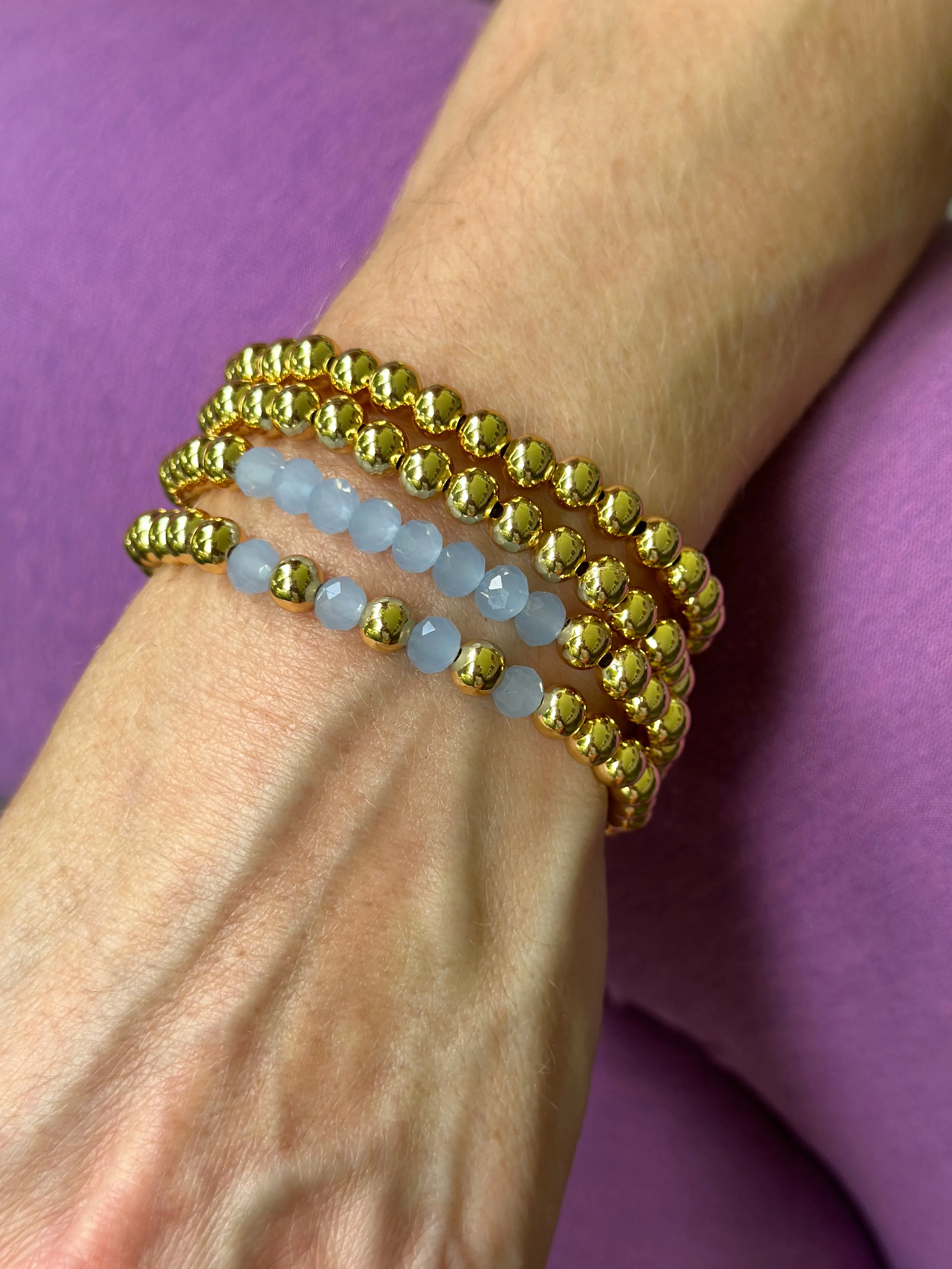 Polished Bead & Blue Stretch Bracelet Set