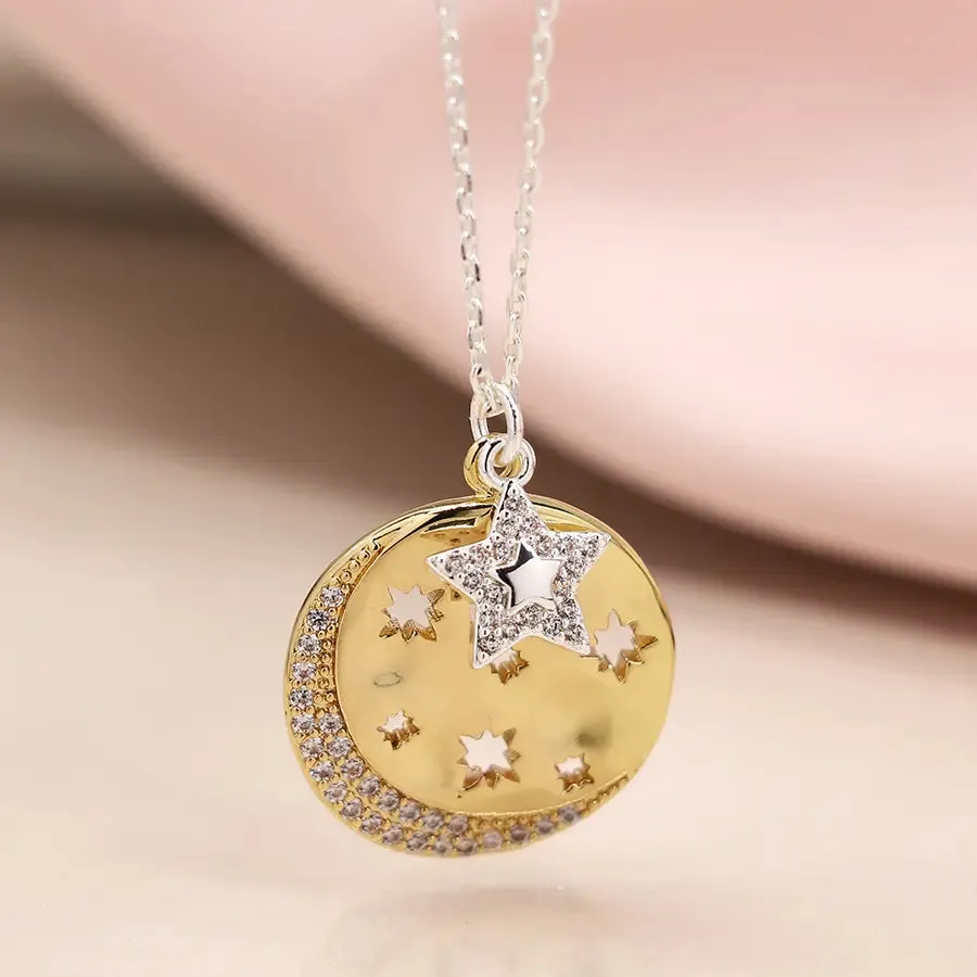 POM Faux Gold Cut Out Stars Crystal Disc Necklace