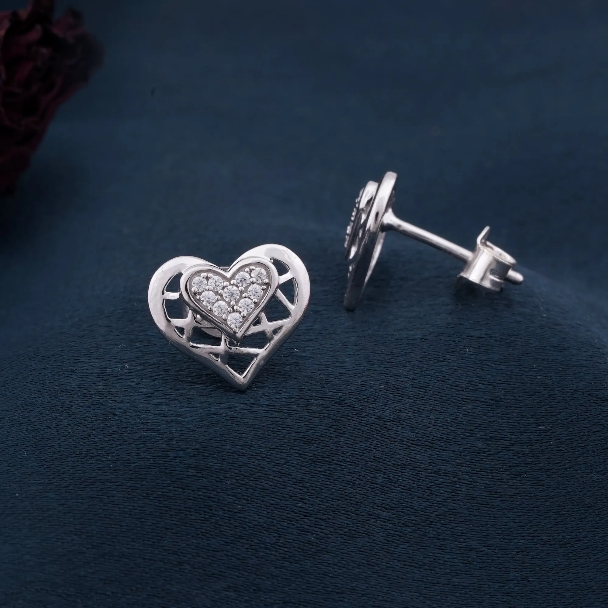 Silver Zircon Small Heart Stud Earrings