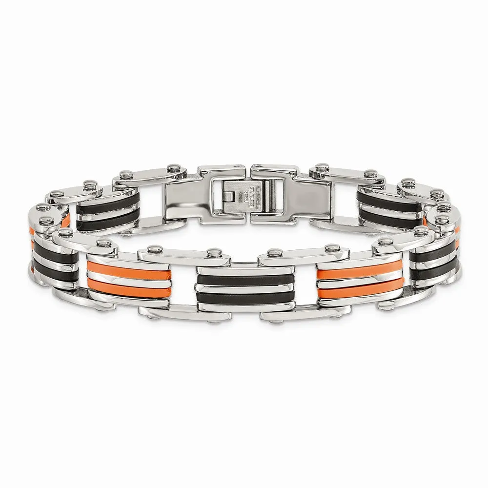 Stainless Steel Black and Orange Rubber 8.5in Bracelet