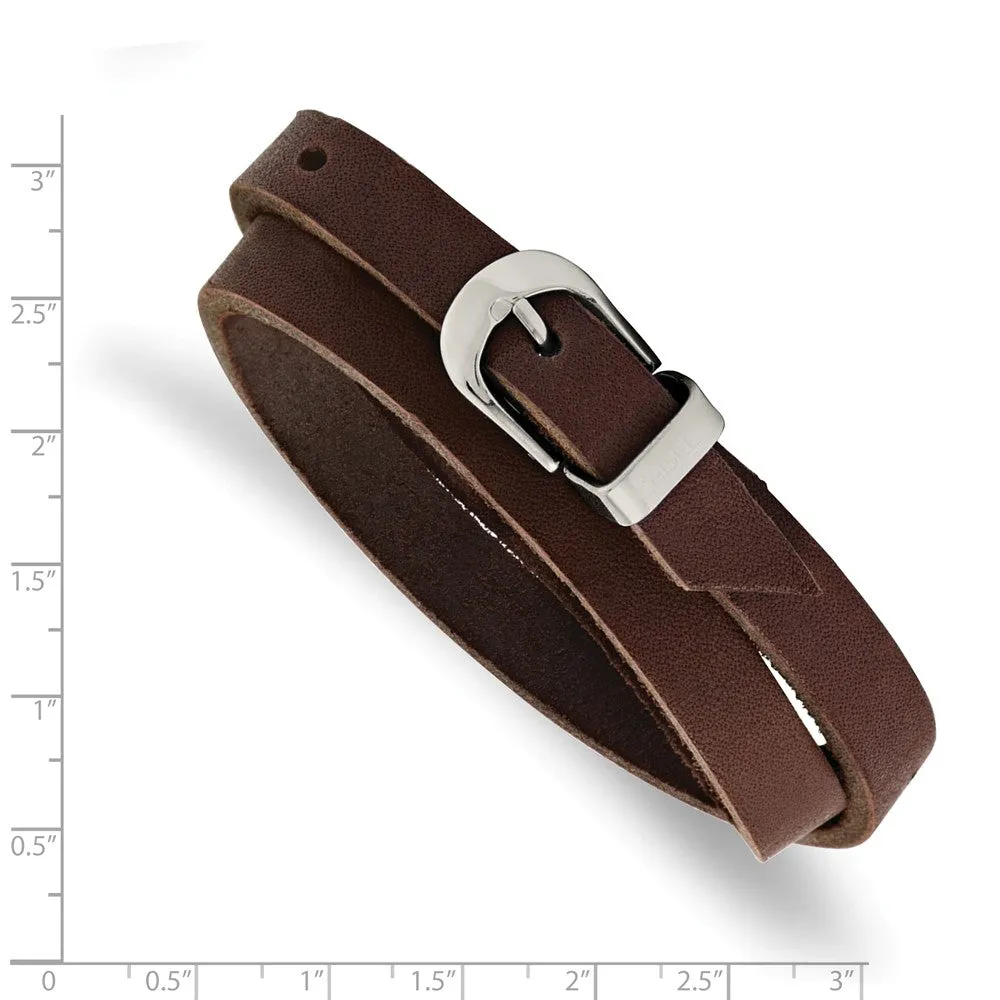 Stainless Steel Brown Leather Wrap Bracelet
