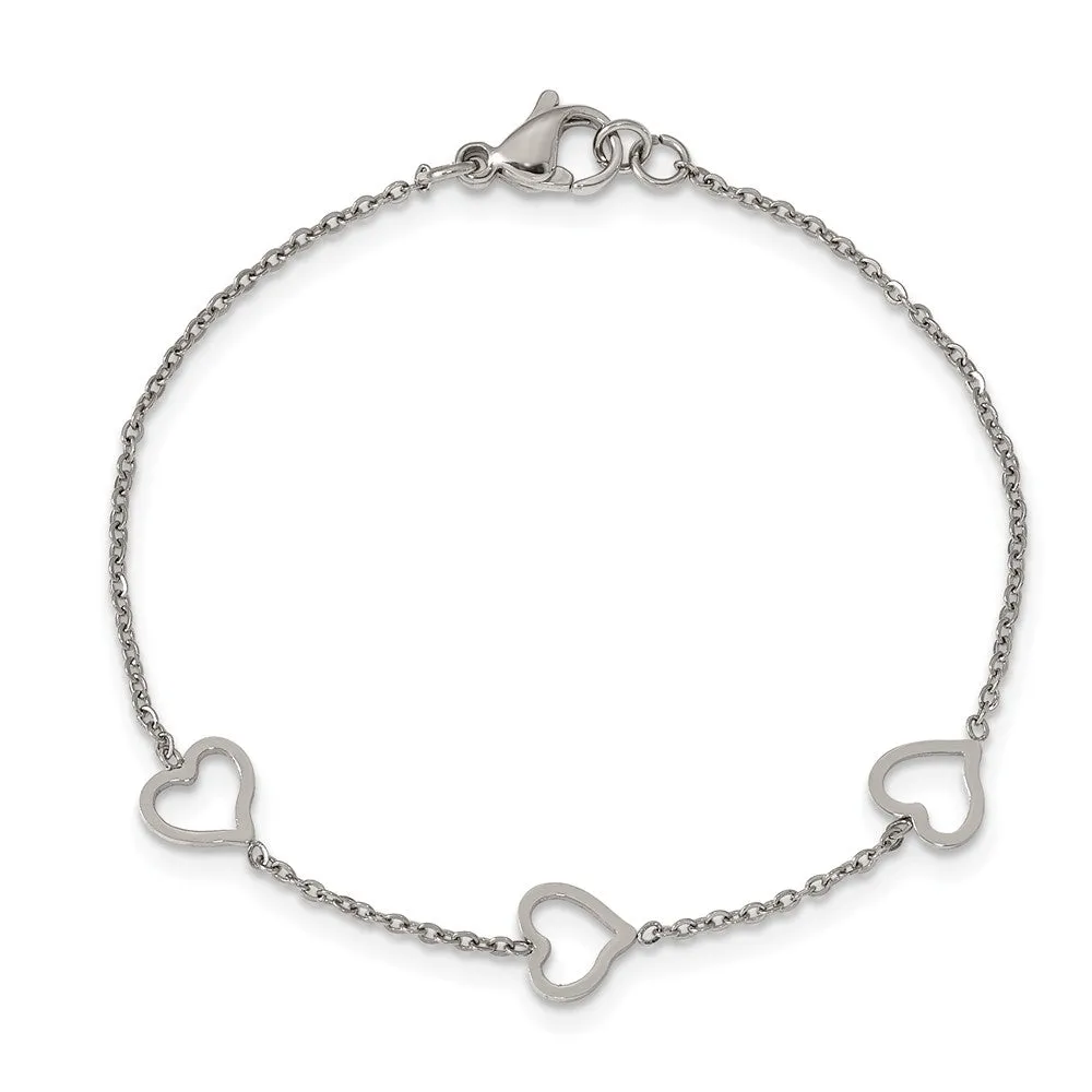 Stainless Steel Polished 7in Hearts Bracelet
