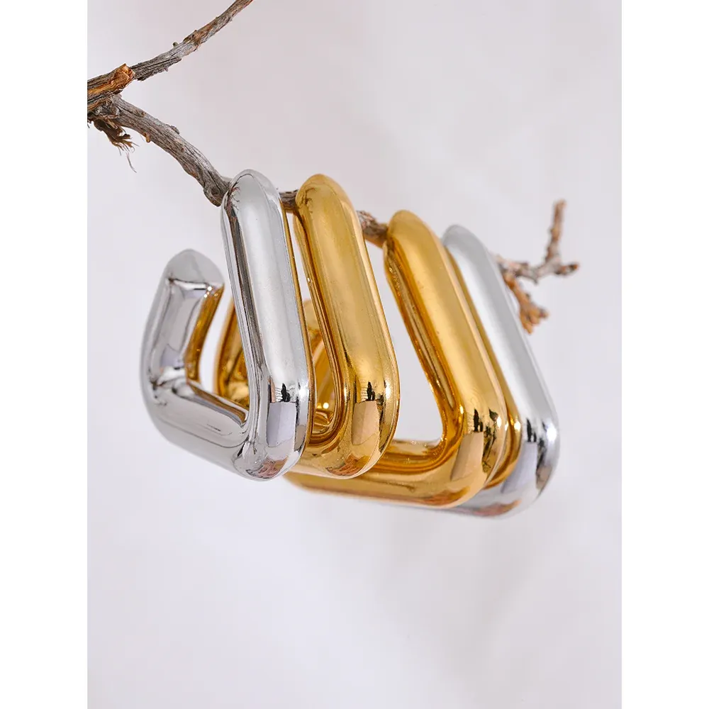 VAIGE Waterproof Stainless Steel Triangle Hoop Earrings with Chunky Metal Texture - Allergy-Free Temperament Jewelry Gift