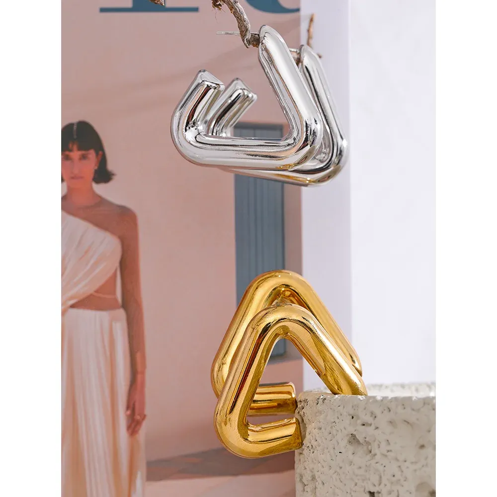 VAIGE Waterproof Stainless Steel Triangle Hoop Earrings with Chunky Metal Texture - Allergy-Free Temperament Jewelry Gift