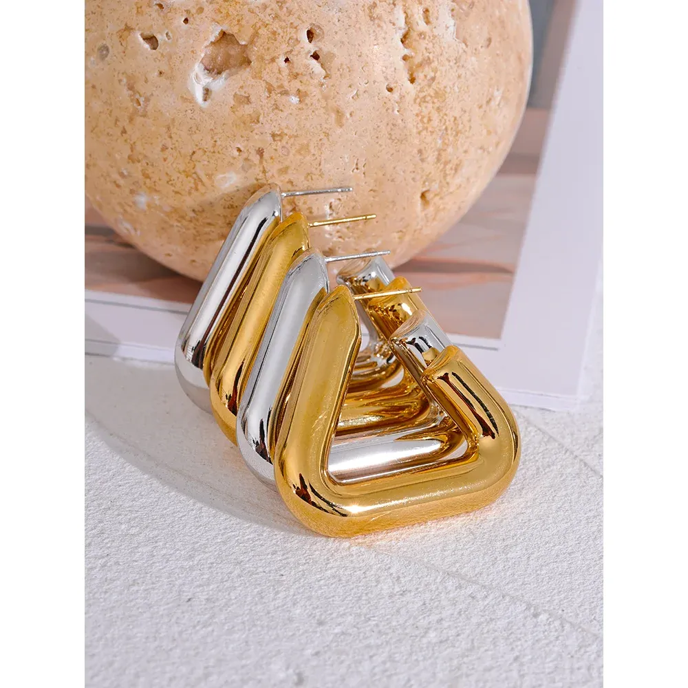 VAIGE Waterproof Stainless Steel Triangle Hoop Earrings with Chunky Metal Texture - Allergy-Free Temperament Jewelry Gift