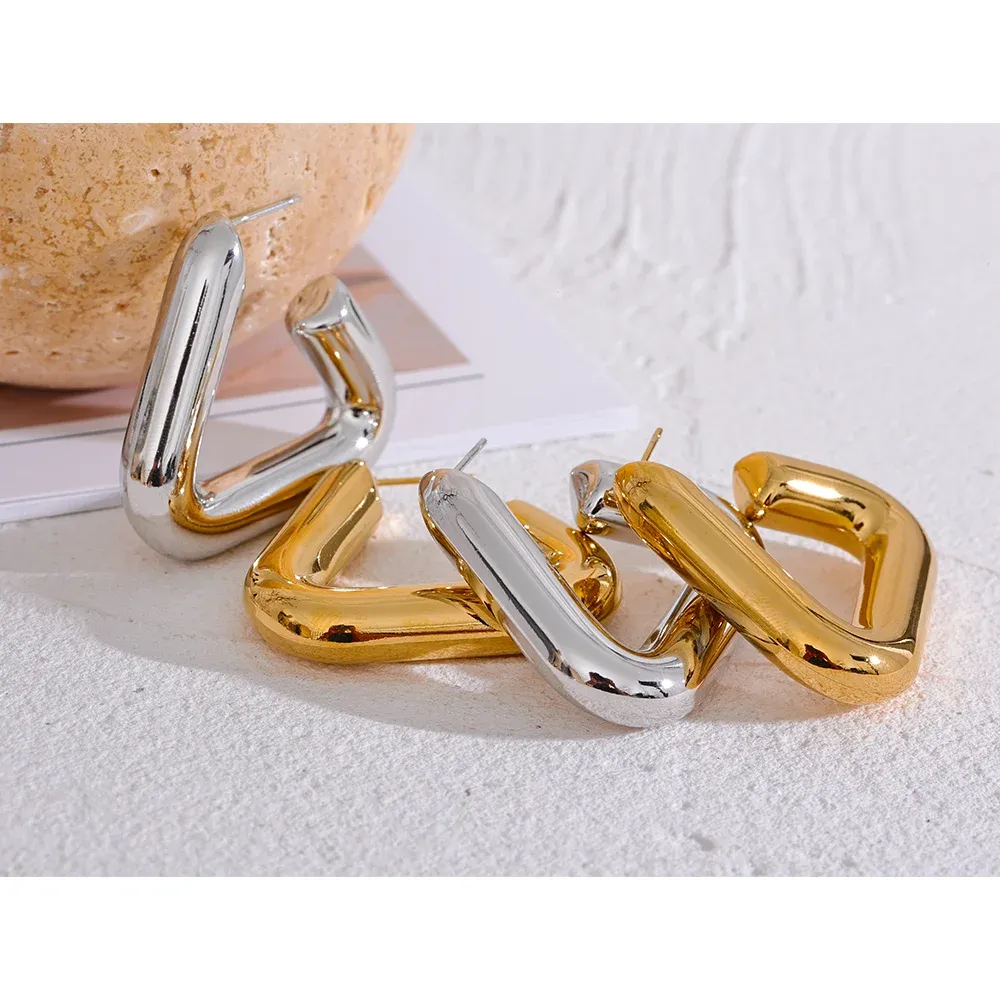 VAIGE Waterproof Stainless Steel Triangle Hoop Earrings with Chunky Metal Texture - Allergy-Free Temperament Jewelry Gift